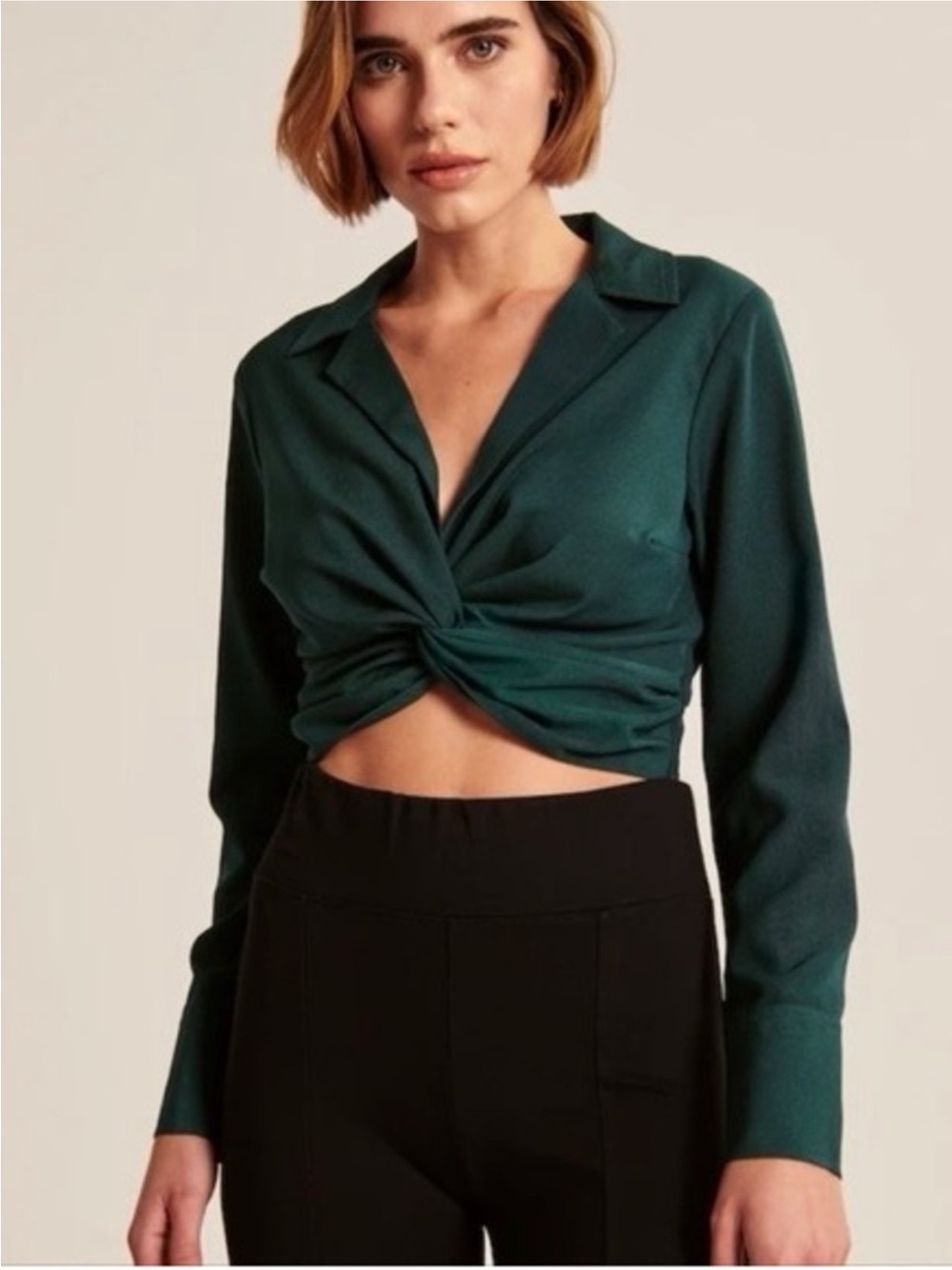 Abercrombie & Fitch Green Twist-Front Collared Crop Top
